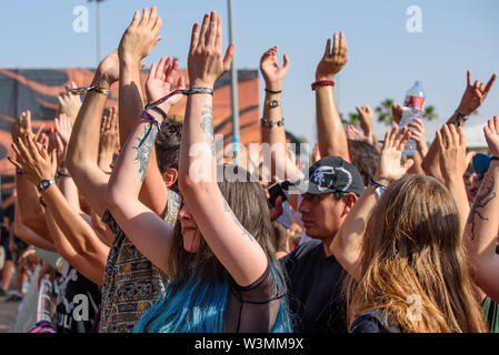 MADRID - JUN 30: The crowd in a concert at Download (heavy metal music festival) on June 30, 2019 in Madrid, Spain. Stock Photo