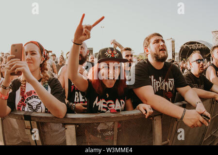 MADRID - JUN 30: The crowd in a concert at Download (heavy metal music festival) on June 30, 2019 in Madrid, Spain. Stock Photo