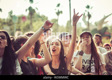 MADRID - JUN 30: The crowd in a concert at Download (heavy metal music festival) on June 30, 2019 in Madrid, Spain. Stock Photo