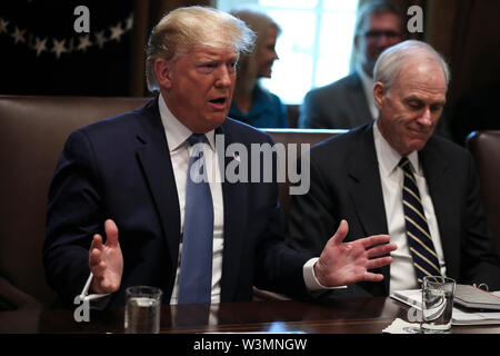 United States President Donald J. Trump joined by Acting US Secretary of Defense Richard V. Spencer, speaks during a Cabinet Meeting in the Cabinet Room of the White House, on July 16, 2019 in Washington, DC.Credit: Oliver Contreras/Pool via CNP/MediaPunch Stock Photo
