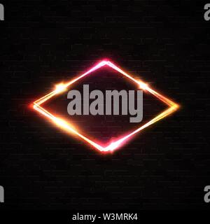 Red neon rhombus background on black brick wall. Stock Vector