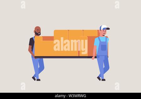two mix race couriers in uniform moving couch express delivery service concept professional furniture movers holding new sofa flat full length Stock Vector