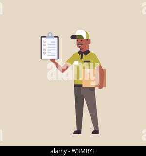 postman in uniform holding cardboard parcel box and receiving form clipboard african american courier express delivery service concept flat full Stock Vector