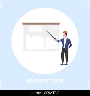 man architect doing presentation engineer presenting new building city model urban panning project architecture concept housing contractor designing Stock Vector