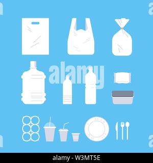 set different disposable objects made of plastic collection pollution recycling ecology problem save the earth concept flat Stock Vector