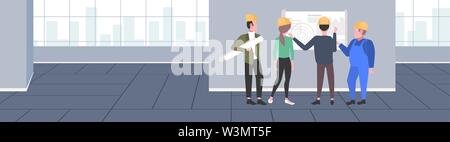 construction workers studying blueprint engineers team discussing new building project during meeting industrial technicians teamwork concept modern Stock Vector