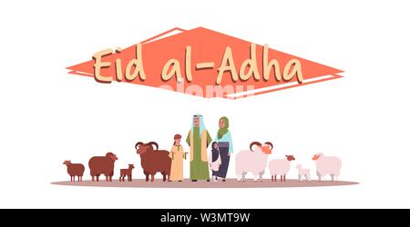 happy Eid al-Adha mubarak greeting card muslim holiday concept arab family standing with white and black flock of sheep festival of Sacrifice flat Stock Vector