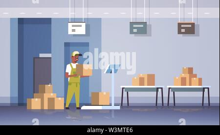 african american courier man in uniform putting parcel box on scales mail express delivery logistic service concept modern warehouse interior flat Stock Vector