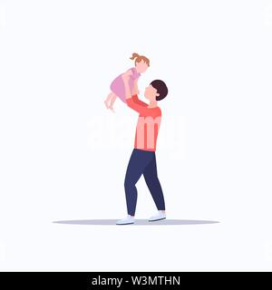 man lifting up his little baby father and daughter playing having fun happy family fatherhood concept cartoon characters full length flat Stock Vector