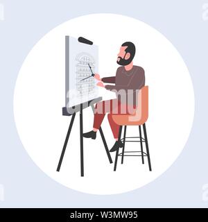 man architect using compass engineer drafting house project on adjustable drawing board desk housing contractor designing house plan with measuring Stock Vector