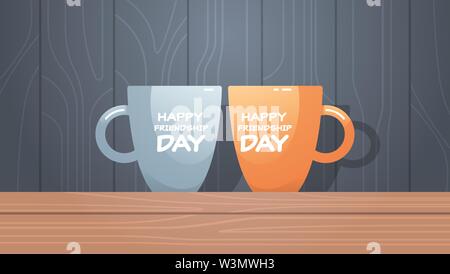 two cups on wooden table with text happy friendship day celebration concept flat horizontal Stock Vector