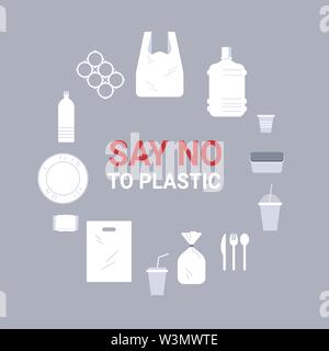 set different disposable objects made of plastic icons sign around circle collection pollution recycling ecology problem save the earth concept flat Stock Vector