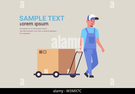 courier in uniform pushing trolley with cardboard box package mail express delivery service concept worker with hand truck flat full length horizontal Stock Vector