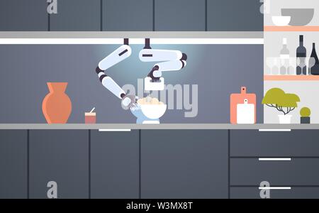 smart handy chef robot using mixer kneading dough in bowl for baking robotic assistant innovation technology artificial intelligence concept modern Stock Vector