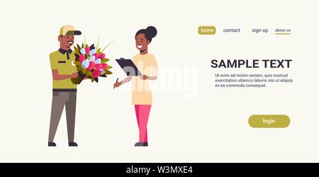 courier man giving bouquet of flowers to woman recipient express delivery service concept girl receiving parcel from african american deliveryman Stock Vector