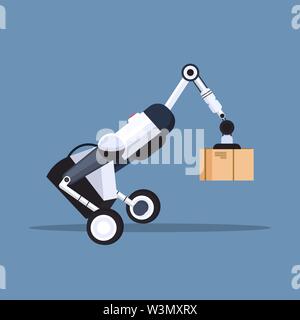 robotic worker loading cardboard boxes hi-tech smart factory robot artificial intelligence logistics automation technology concept flat Stock Vector