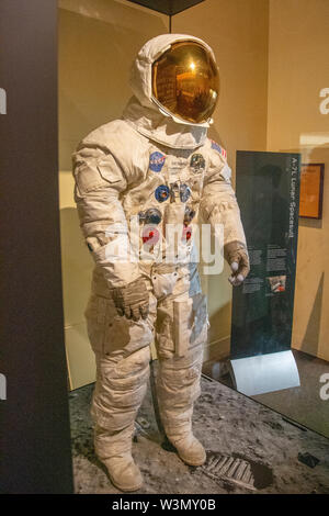 Visitors flock to see the newly restored spacesuit worn by Astronaut Neil Armstrong when he first walked on the Moon fifty years ago, July 20, 1969. Stock Photo