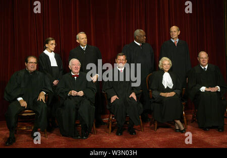 July 16, 2019 - Washington, District of Columbia, USA - Washington, DC - October 31, 2005 -- The Supreme Court justices pose for their official photograph at the United States Supreme Court in Washington, DC on October 31, 2005. Left to right bottom row: Associate Justices Antonin Scalia, John Paul Stevens, Chief Justice John G. Roberts, Jr., Associate Justices Sandra Day O'Connor and Anthony M. Kennedy. Top Row: Associate Justices Ruth Bader Ginsburg, David H. Souter, Clarence Thomas, and Stephen G. Breyer. Credit: Dennis Brack - Pool via CNP (Credit Image: © Dennis Brack/CNP via ZUMA Stock Photo