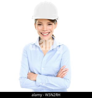 Architect Engineer or entrepreneur business woman. Portrait of smiling happy proud and confident young female multiracial Asian Chinese / Caucasian female professional wearing white hard hat cutout Stock Photo