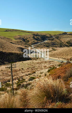 Road through Tussocks, near Lake Mahinerangi, Otago, South Island, New Zealand Stock Photo