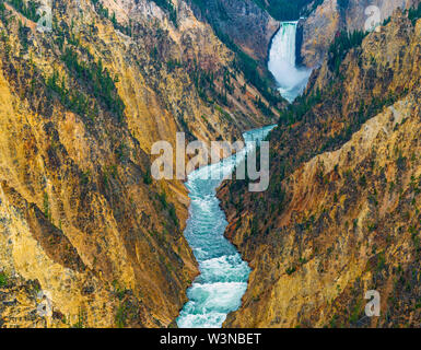 Grand Canyon of the Yellowstone with the Lower Falls in the background and the Yellowstone river underneath, Yellowstone national park, Wyoming, USA. Stock Photo