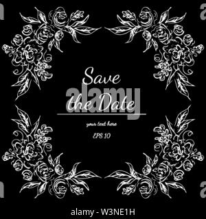 Peony freehand outline frame, great design for any purposes. Vector peony floral botanical flower. Hand-drawn black and white background. Floral wreat Stock Vector