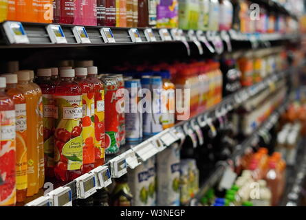 New London, CT / USA - June 2, 2019: Shelves full of health drinks at the supermarket