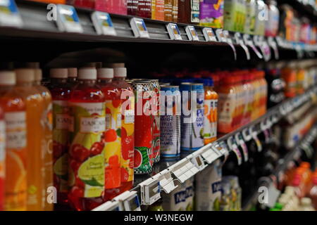 New London, CT / USA - June 2, 2019: Shelves full of health drinks at the supermarket