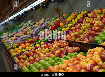 New London, CT / USA - June 2, 2019: Produce aisle at the grocery store