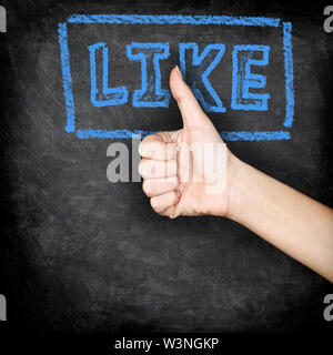 Like - likes thumbs up on blackboard. LIKE written on chalkboard with hand giving thumbs up hand sign. Stock Photo