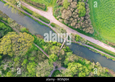 Overhead view of the restored Berks and Wilts canal near Wootton Bassett in Wiltshire