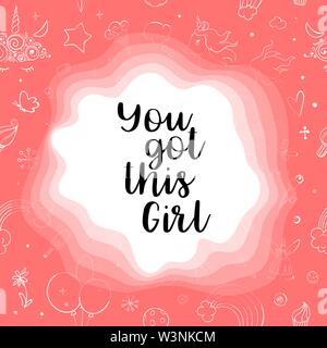 Cute vector unicorns and rainbow doodle seamless pattern. Motivational and inspirational quote You got this girl. Ink sketch with hearts, stars and Stock Vector