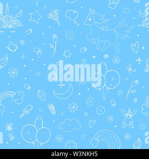 Cute vector unicorns and rainbow seamless pattern - hand drawn kawaii style illustration with imaginary horse from children fairytale. Ink sketch with Stock Vector