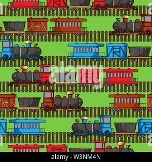 Seamless pattern with colored trains and railroad paths Stock Vector