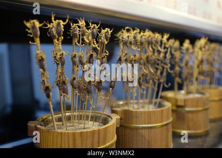 Close up of a bunch of live scorpions skew in China Stock Photo