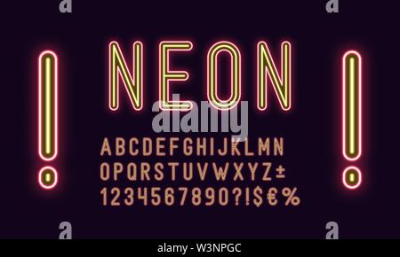 Neon rounded alphabet, Red Yellow color. Neon outlined Font, set of duotone glowing letters, numbers, currency and different signs, symbols. Vector ty Stock Vector