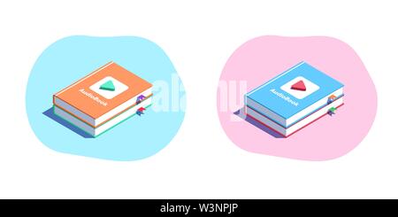 Audiobook with Play button, Isometry. Set of audio books in isometric style. Virtual library, online sound literature. Vector illustration for landing Stock Vector