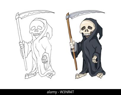 Human Skeleton in Black Robe Standing with Scythe, cartoon Character Stock Vector
