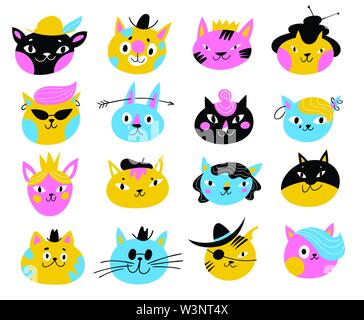 Cats heads. Cute funny domestic animals colored heads happy faces  expressive emotions vector set. Cat animal, pet funny set face illustration  #2823925