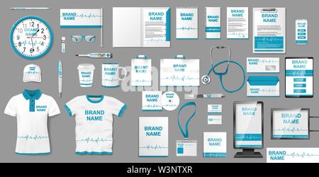 Medical Center or Pharmacy Branding identity design. Pharmacy Stationery mockup template elements, brochure, advertising city lightbox, shirt. Vector Stock Vector