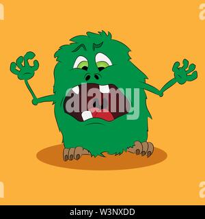 Comic illustration of a cute green monster on an orange background, vector illustration