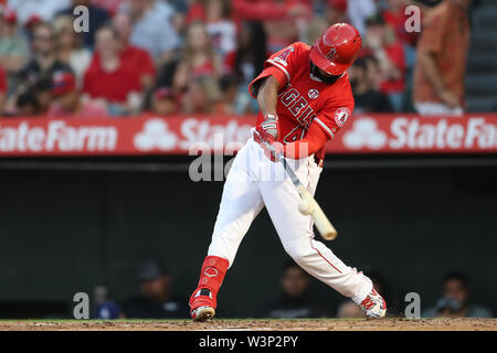 July 16, 2019: Los Angeles Angels second baseman Luis Rengifo (4) triples during the game between the Houston Astros and the Los Angeles Angels of Anaheim at Angel Stadium in Anaheim, CA, (Photo by Peter Joneleit, Cal Sport Media) Stock Photo