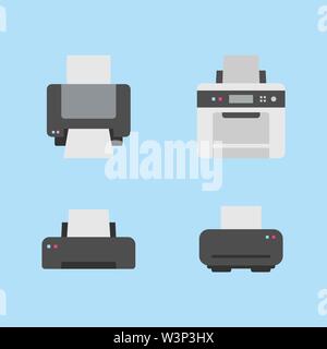 Set of 4 printer flat icon variations on blue background Stock Vector