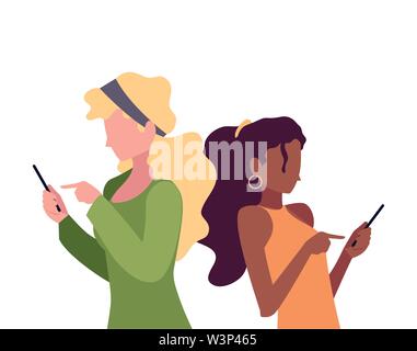 two women using smartphone talking vector illustration Stock Vector