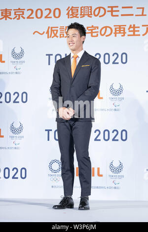 July 17, 2019 - Tokyo, Japan - Kei Nishikori, Japanese tennis player and official ambassador of LIXIL attends a press conference hosted by Tokyo 2020 and LIXIL Corp. to launch the ''Tokyo 2020 Recovery Monument'' project. LIXIL Corp. in collaboration with Tokyo Metropolitan Government, Tokyo University of the Arts, Iwate, Miyagi and Fukushima prefectures, pretend to build a monument to encourage those living in the affected areas by the Great East Japan Earthquake and Tsunami. They will write messages of thanks to all those who supported the recovery of the region, including to Japanese athlet Stock Photo