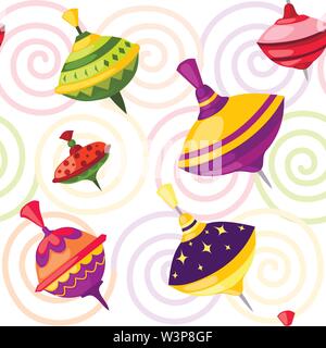 Seamless pattern of kids toy whirligig spinner with different form and texture patterns flat vector illustration on colored background. Stock Vector
