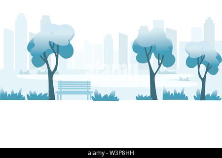 Modern urban city park painted in abstract blue color flat vector illustration horizontal banner design. Stock Vector