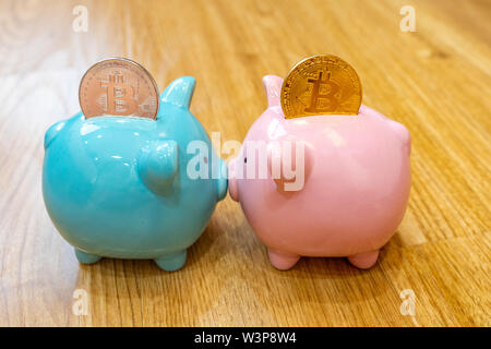 Two ceramic piggybanks and bitcoin inserted for cryptocurrency saving Stock Photo