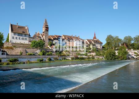 River Reuss, front of houses with Muri-Amthof on shore, old town, Bremgarten, Canton Aargau, Switzerland Stock Photo