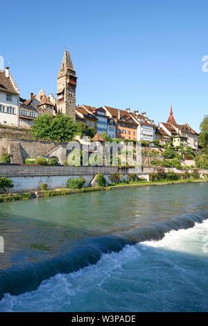 River Reuss, houses on the bank, old town, Bremgarten, Canton Aargau, Switzerland Stock Photo
